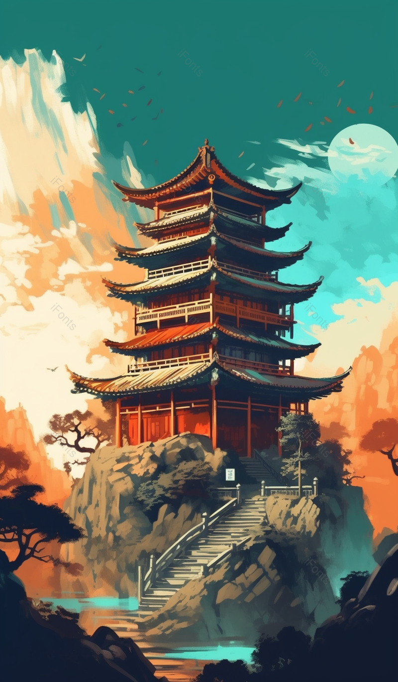 中国风寺庙房屋楼台古风建筑在山峰上面山水竖版插画,插画/手绘图,插画/手绘图库,插画/手绘图下载,插画/手绘